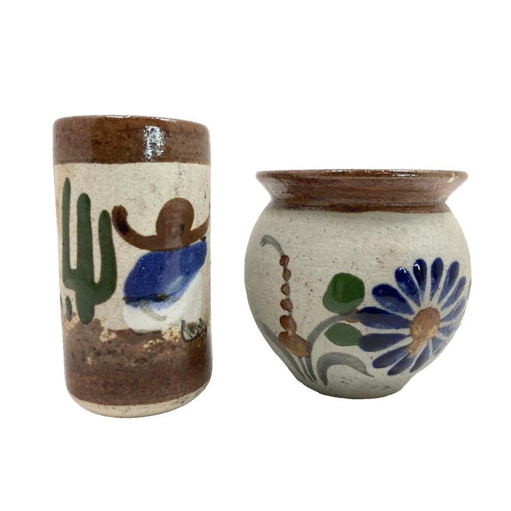 Vintage Mexico Tonala Hand Painted Floral Pottery Mini Bud Vase 2.5" Set of‎ 2